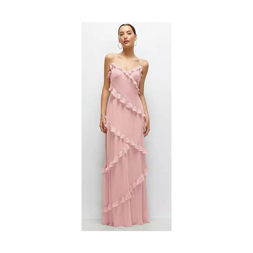 Dessy Collection 3157 Becca Dress Womens XL Pink Ruffle Chiffon Bias Maxi NWT